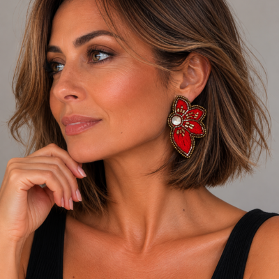 aro medias dalias rojo italiano con perla de río coin